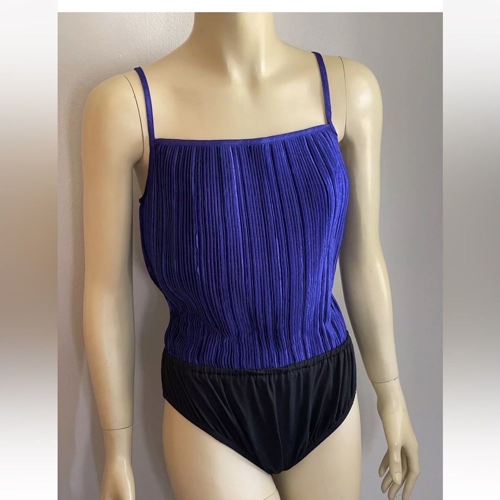 Rare 80’s NWOT Jeanne Marc Purple Satin Plisse Pleated Bodysuit-M 12/14 36” Bust